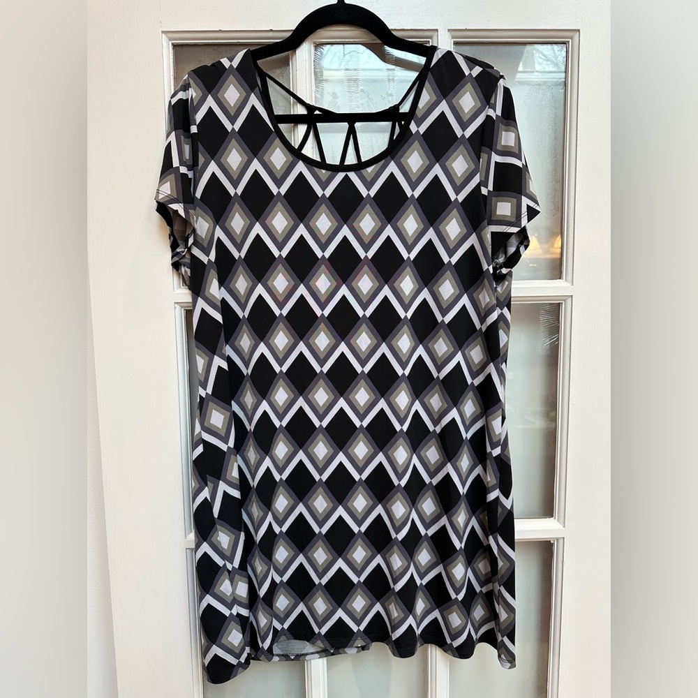 Vintage Suzie Y2K Geometric Diamond Short Sleeve Tunic Black & Gray Size XL